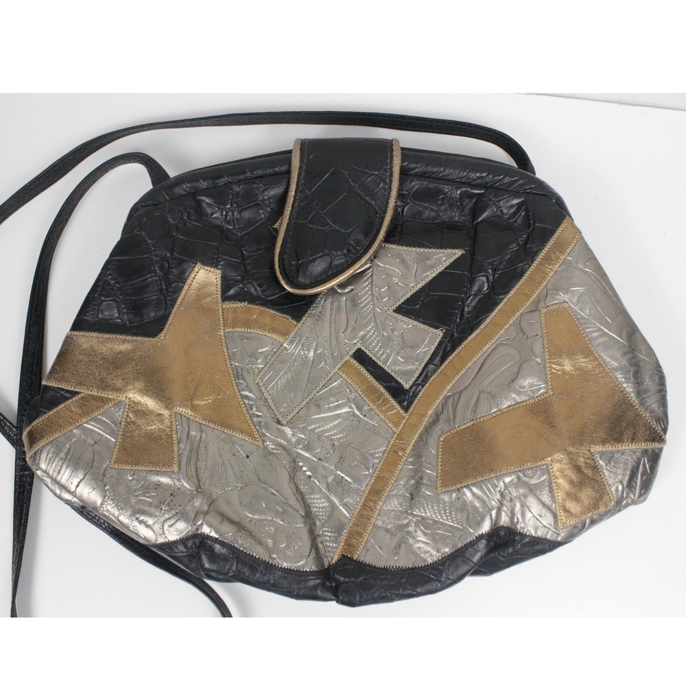 Vintage 80s 90s Leather Patchwork Crossbody Bag Black Gold Silver USA Boho
